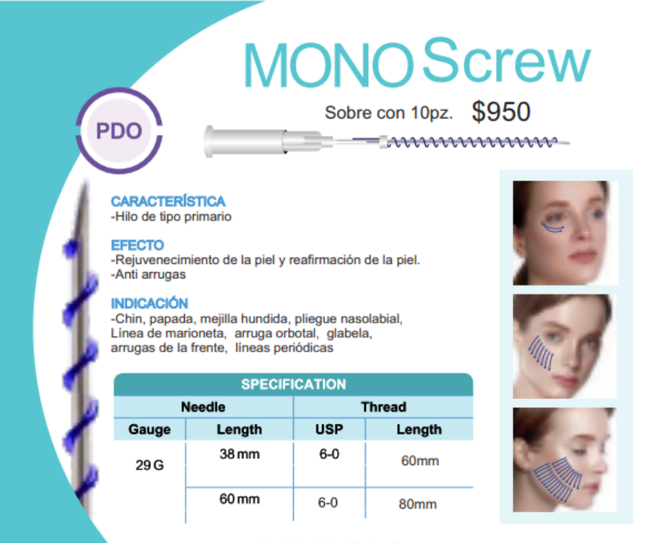 Hilos PDO Mono Screw – Rejuvenecimiento facial con 10 piezas por sobre | Lifting sin cirugía